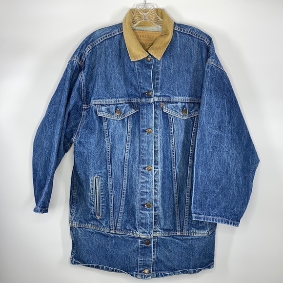 VTG Levis' Denim Trucker Jacket Long 77932-7206 Chore Barn Corduroy Collar Sz L - Picture 1 of 10